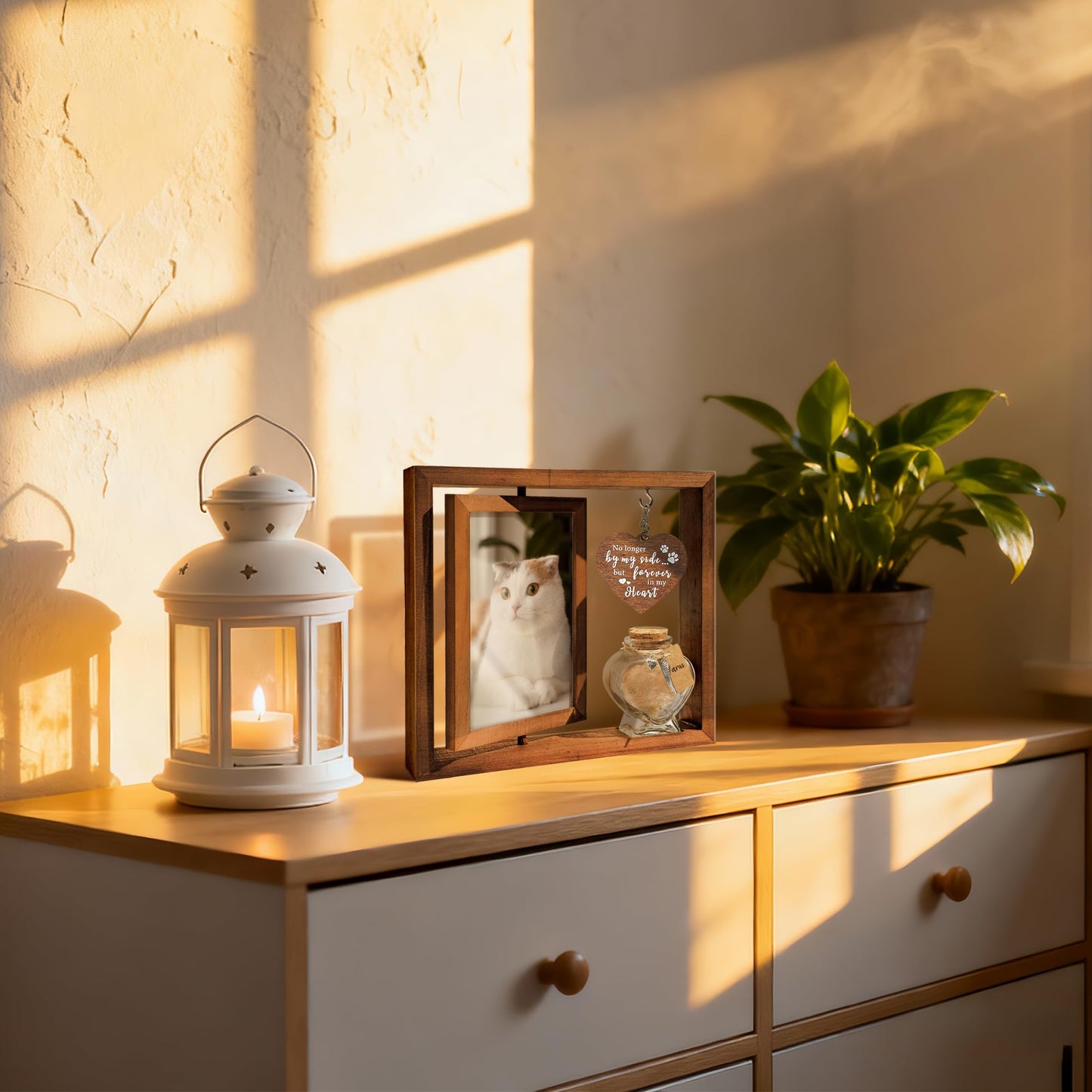 Cat Memorial Gifts for Loss of Cat - Rotating Wooden Frame for 4x6 Photo & Fur Hair Jar - Sympathy Gift for Pet Bereavement, Remembrance Keepsake - Rainbow Bridge Gift for Cat Lovers