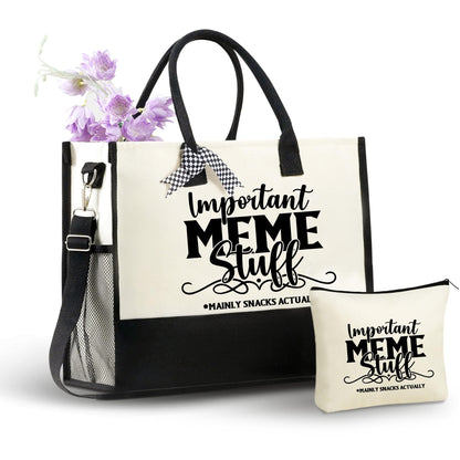 InnoBeta Meme Gifts Canvas Tote Bag for Grandma, Important Stuff Bag with Top Zipper Closure and Shoulder Strap for Birthday, Mother's Day, Christmas