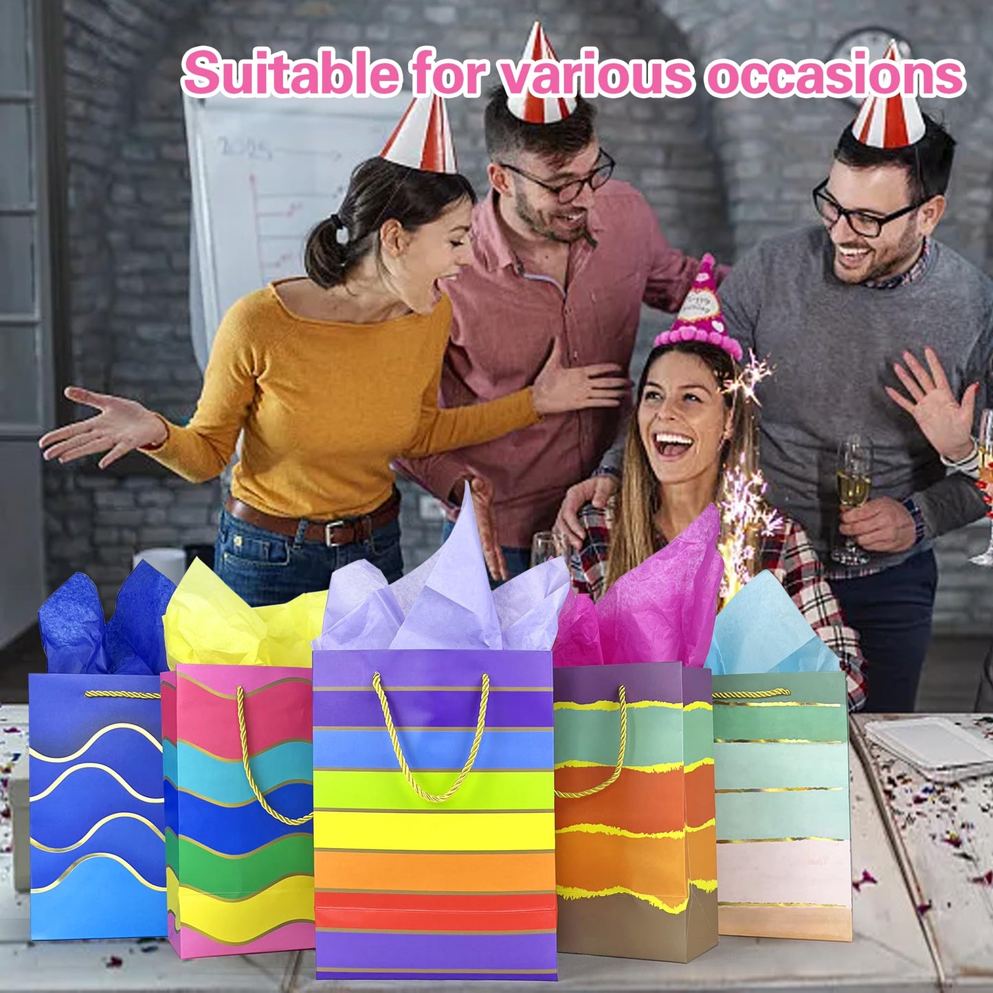 MUMULULU 5 Pack Paper Gift Bags with Handle and Tissue Paper Birthday Gift Bags Rainbow Bag for Birthday Party Baby Shower Wedding Holiday Presents