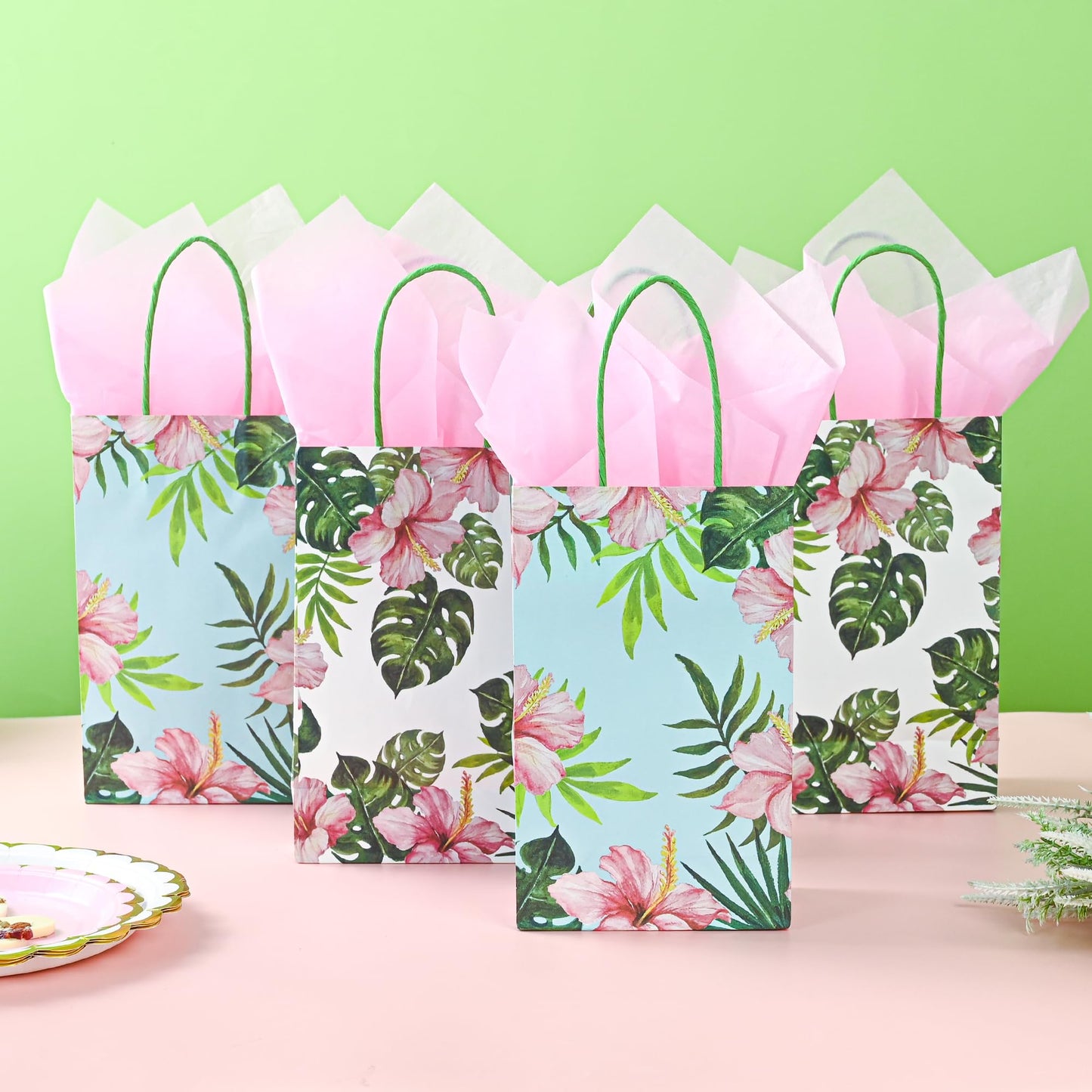 36 Pack Small Hawaiian Tropical Party Favor Gift Bags with Handles 9x5.5x3.15 Inch and 36 Pink Tissue Paper for Luau Parties, Birthdays, Weddings, Baby Showers, Bridal Showers (2 Designs Assorted)