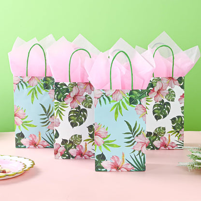 36 Pack Small Hawaiian Tropical Party Favor Gift Bags with Handles 9x5.5x3.15 Inch and 36 Pink Tissue Paper for Luau Parties, Birthdays, Weddings, Baby Showers, Bridal Showers (2 Designs Assorted)