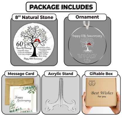 60th Anniversary Wedding Gifts - 60 Years Anniversary Slate Stone 8" with Stand, Ornament, Card - 60th Diamond Wedding Gift Set for Parents, Couple, Husband, 60 Years of Marriage Natural Stone TT-A60
