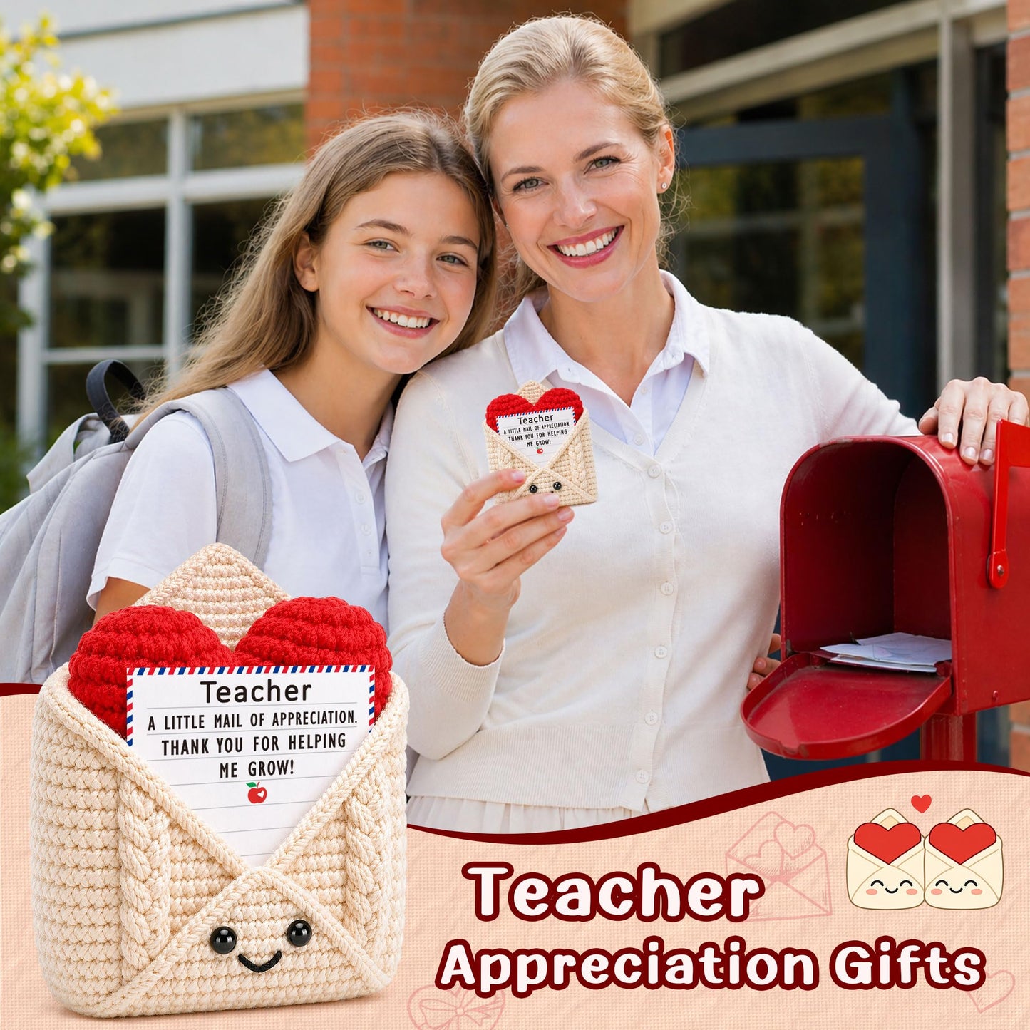 Teacher Gifts, Teacher Appreciation Gifts, Thank You Gift for Teachers Mentor Educator, Gift Idea for Teacher's Day Birthday Graduation Retirement Christmas Valentines, Handmade Crochet Heart Envelope