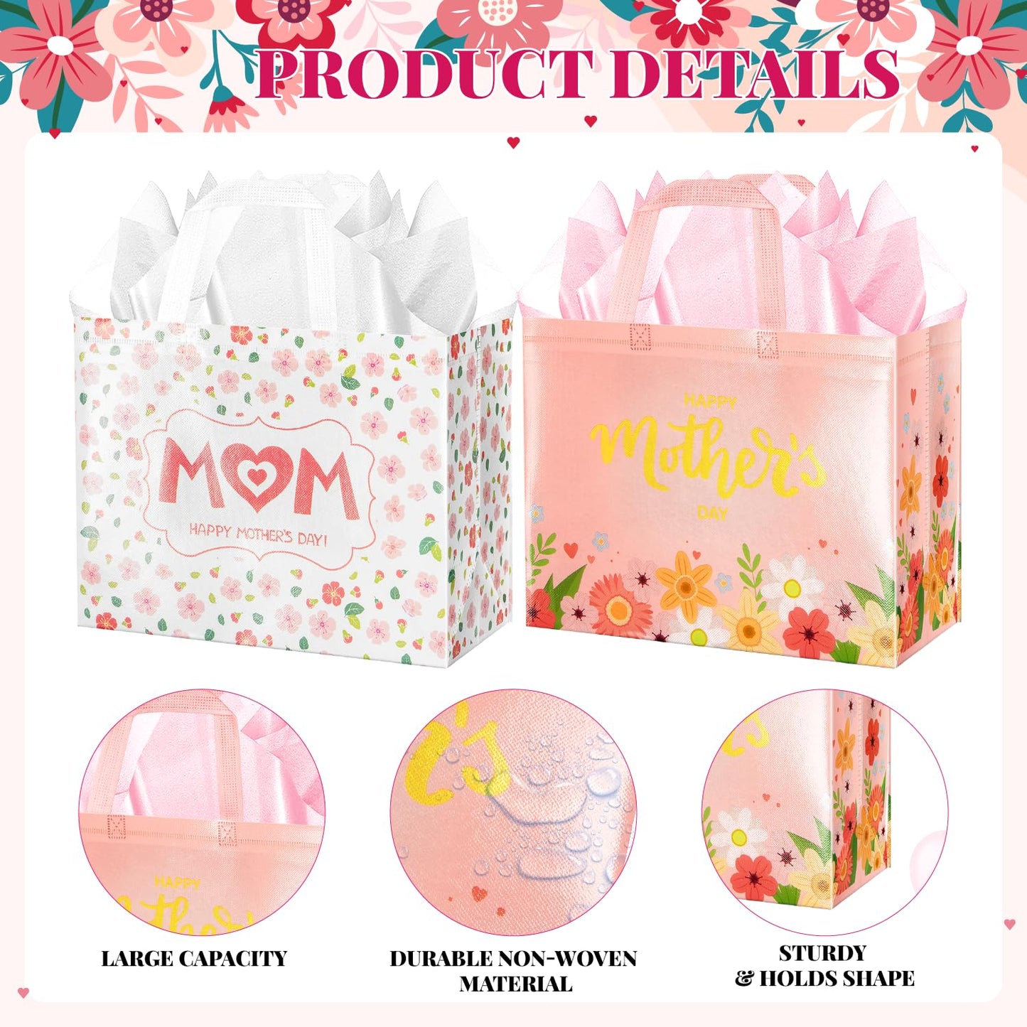 Jaywayang 2Pcs 12.6" Happy Mother's Day Gift Bags with Tissue Paper, Envelope and Card, Reusable Non-Woven Bag with Handles for Mother's Day Party Supplies