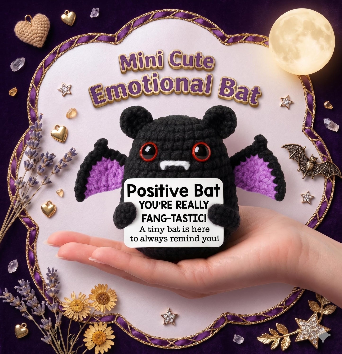 Positive Energy Crochet Bat Gift with Inspiring Affirmation Card, Handmade Emotional Support Bat, Thoughtful Stress Relief Present for Women and Men, Cute Birthday and Office Desk Décor