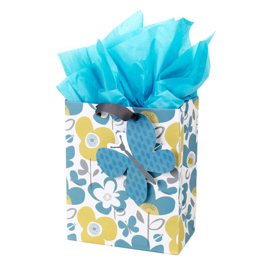Hallmark 9" Medium Gift Bag with Tissue Paper (Flowers and Butterflies; Turquoise and Yellow) for Birthdays, Mothers Day, Bridal Showers, Baby Showers and More