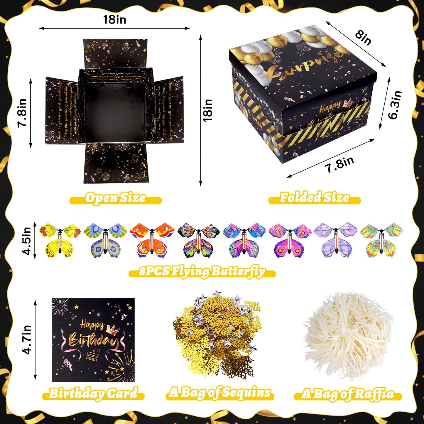 Surprise Gift Box Explosion, Birthday Flying Butterfly Explosion Gift Box with 8 Colorful Butterfly Sequins Raffia, Exploding Gifts Boxs for Birthday Gifts Wrapping
