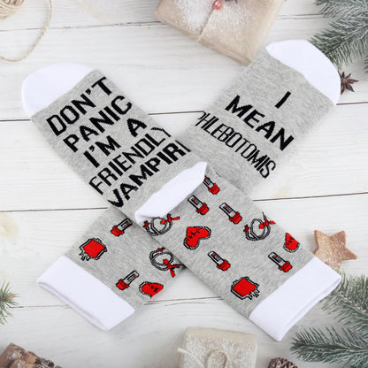 G2TUP Phlebotomist Socks Phlebotomy Technician Gift Don't Panic I'm a Friendly Vampire I Mean Phlebotomist Socks