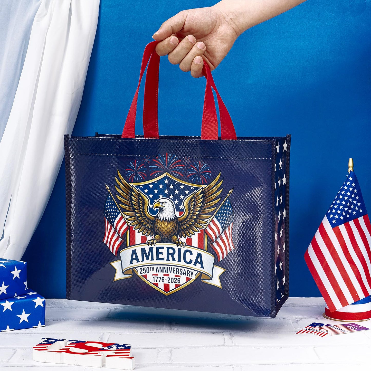 Loveinside 13" Large Patriotic Reusable Gift Bag, Red White Blue Recycled Gift Bag for Independence Day, July 4th