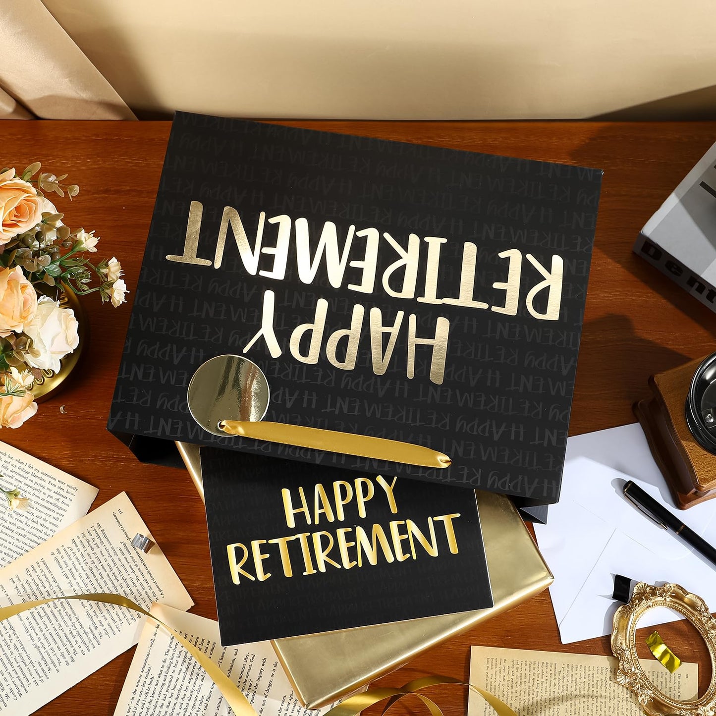 WRAPAHOLIC 13" Large Retirement Gift Bag with Card and Tissue Paper - Black Gold Happy Retirement Lettering