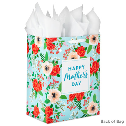 Hallmark 17" Extra Large Mother's Day Gift Bag with Tissue Paper (Red Roses, Green Foliage, Bright Blue) for Mom, Grandma, Nana, New Mother