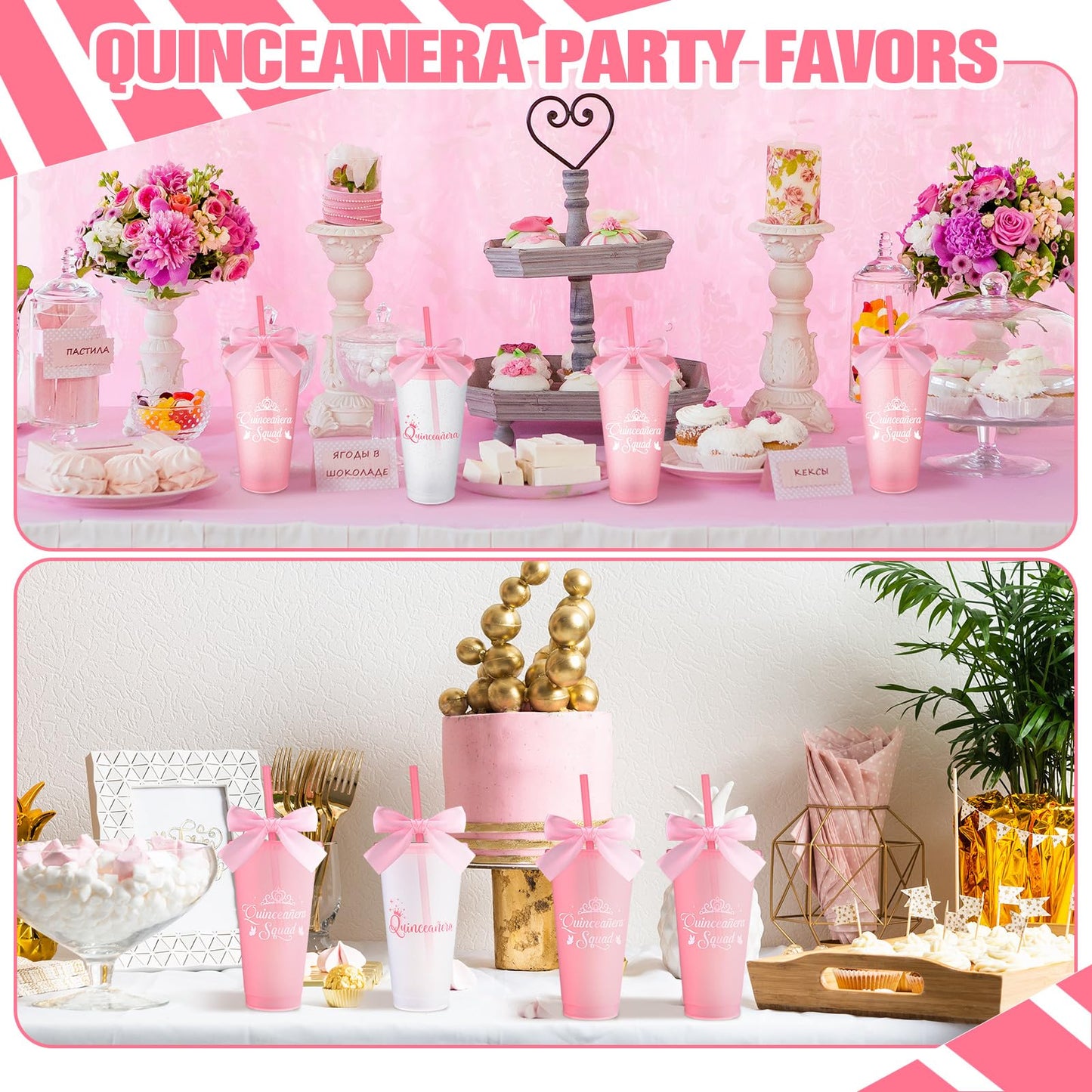 Jingmore 6 Pcs Quinceanera Party Favors for Guests 15th Quinceañera Squad Reusable Tumbler with Straw Lid Twist Bow 24 oz Spanish Gift 15 Birthday Party Thank You Gifts (Pink)