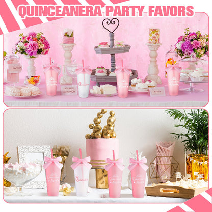 Jingmore 6 Pcs Quinceanera Party Favors for Guests 15th Quinceañera Squad Reusable Tumbler with Straw Lid Twist Bow 24 oz Spanish Gift 15 Birthday Party Thank You Gifts (Pink)