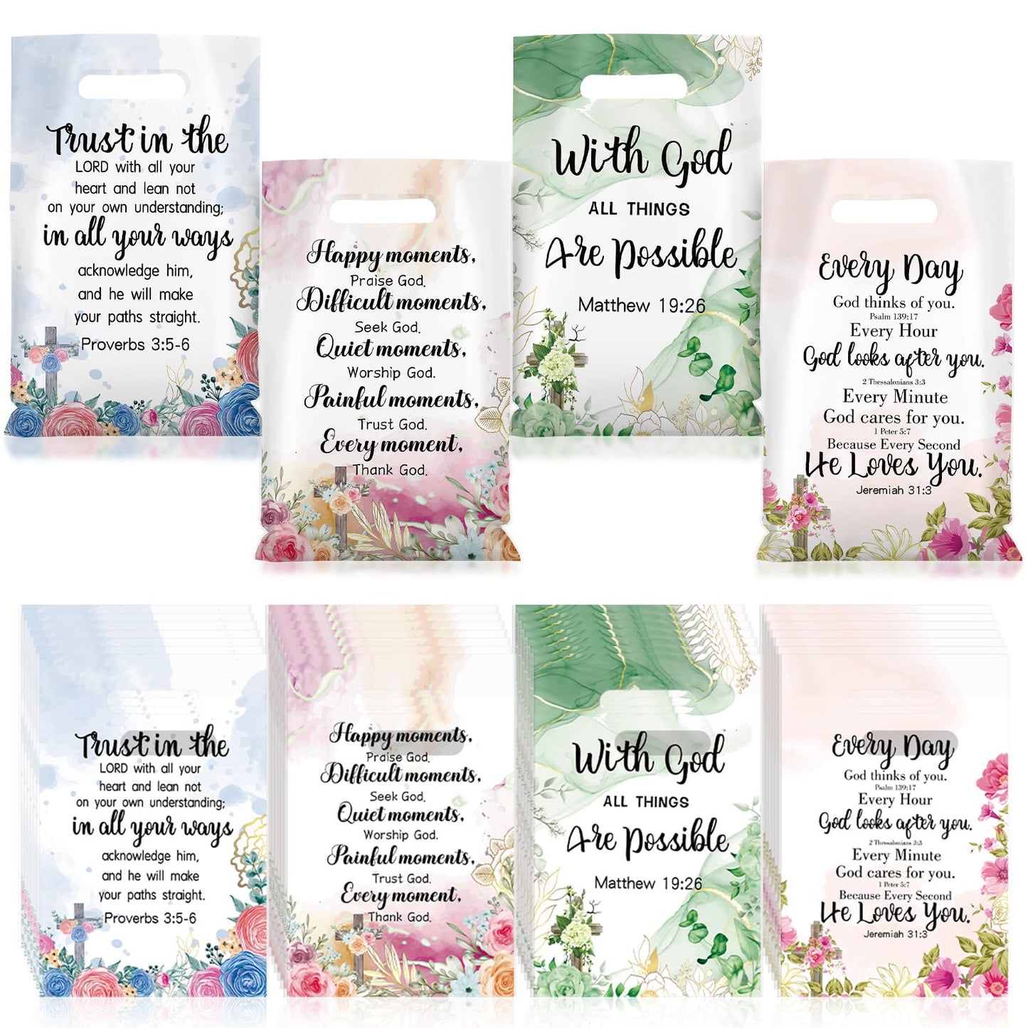Yinder 60 Pcs Christian Gift Bags with Handles for Women Religious Plastic Bag with Bible Verse Bulk for Church Religious Christian Gifts Inspirational Flower Pouches for Women Party Favor Church