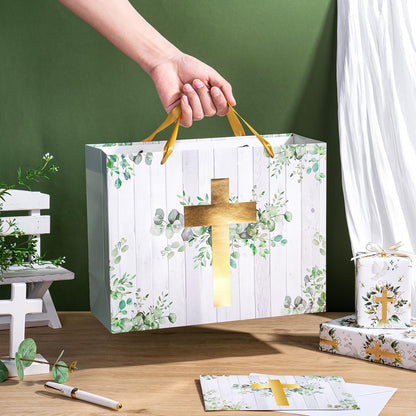 WRAPAHOLIC 13" Large Religious Gift Bag with Card and Tissue Paper - Gold Foil Eucalyptus Cross Design for First Communion, Easter, Baby Baptisms, Christenings