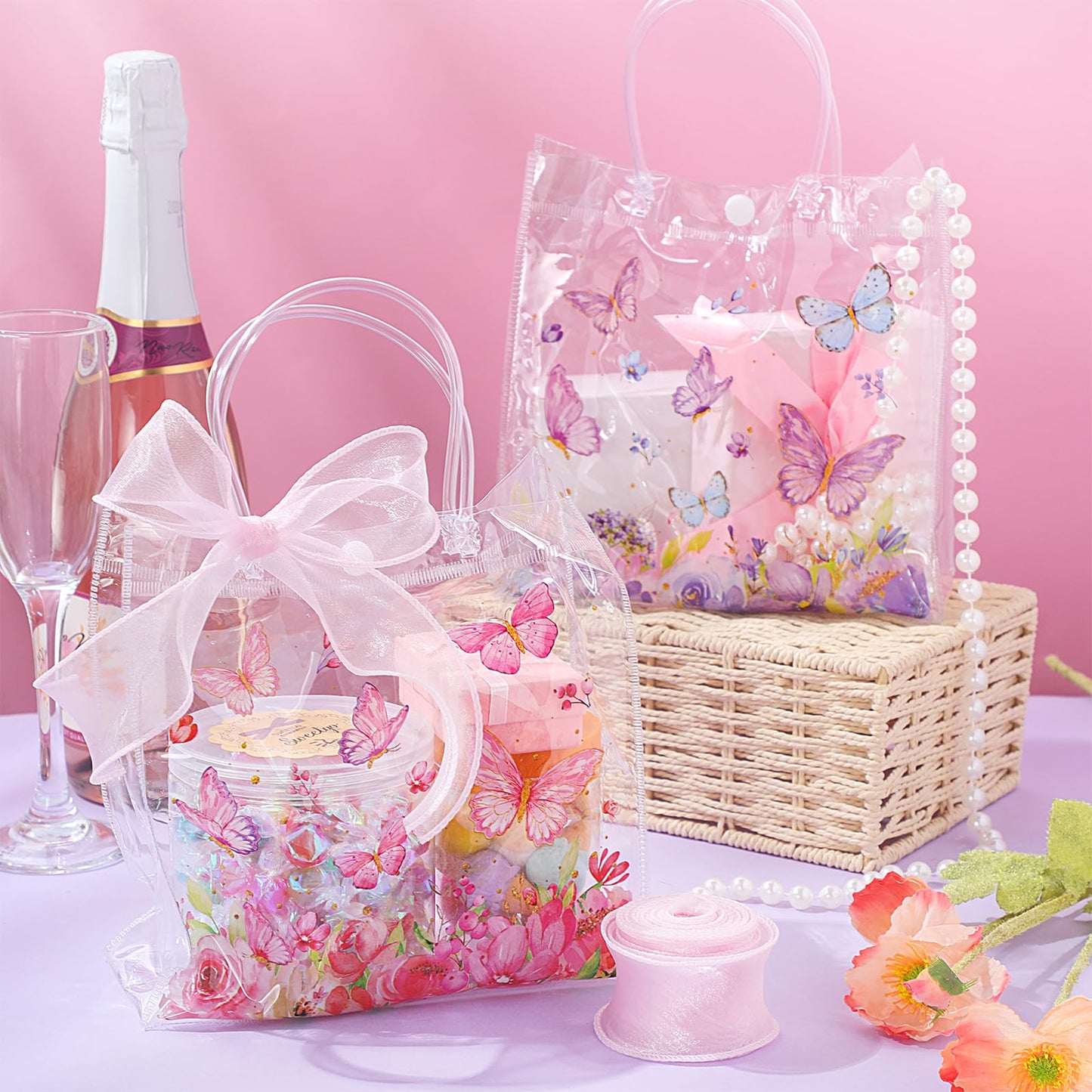Hosuly 24 Pcs Butterfly Gift Bags with Ribbon, Clear PVC Spring Butterfly Treat Bags with Handles, Reusable Pink Purple Transparent Favor Bag for Wedding, Baby Shower, Birthday, Theme Party
