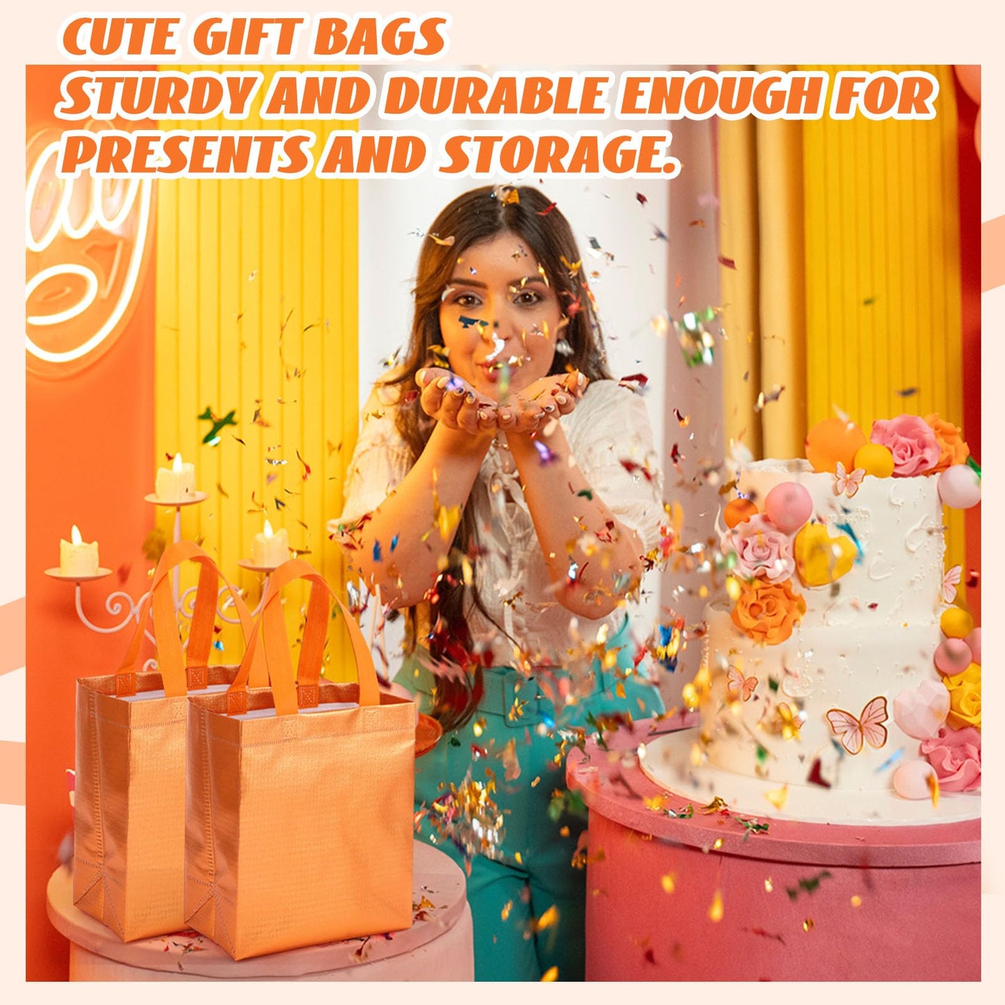 Eccliy 80 Pcs Reusable Gift Bags Set Glossy Grocery Gift Tote Bag with Hadnle for Wedding, Father's Day, Graduation, Summer Event (10 x 8 x 4.7 Inch,Orange)