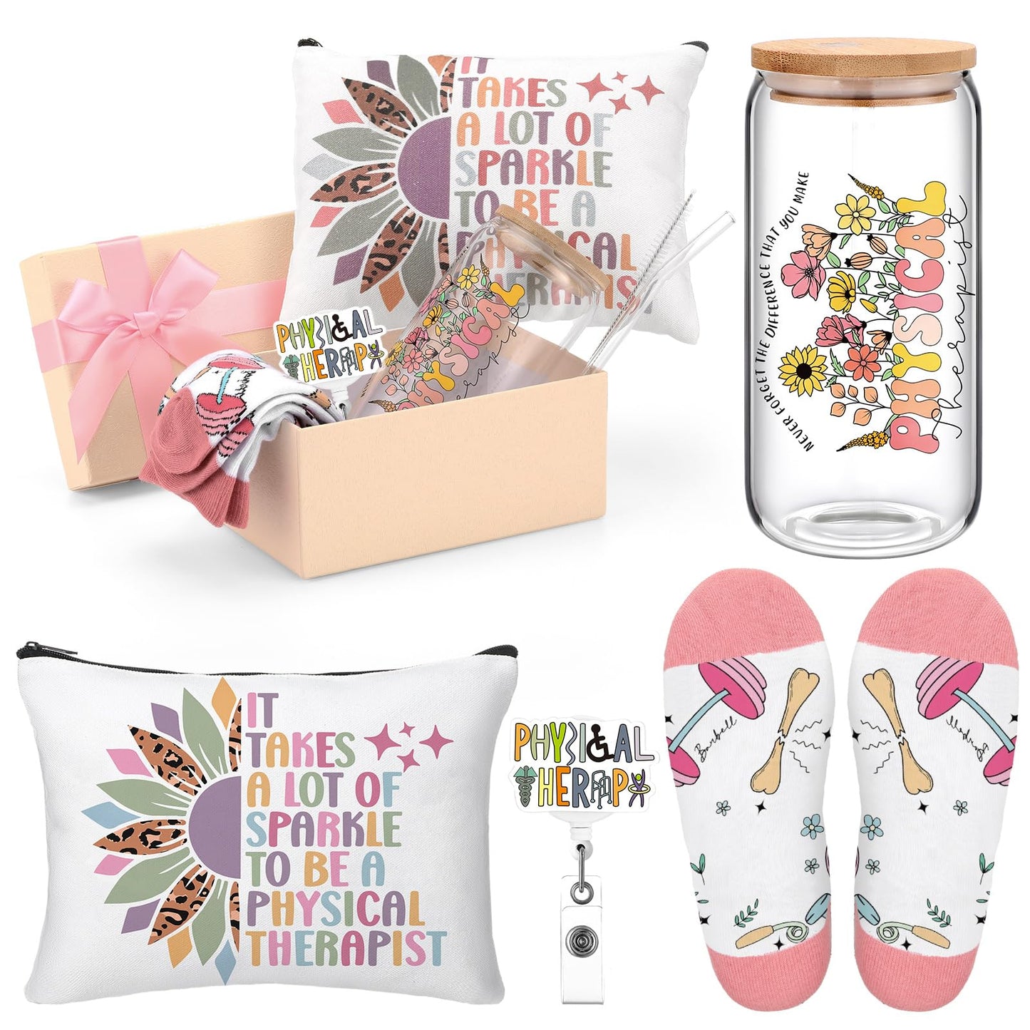 Skylety 5 Pcs Physical Therapy Gifts for Women 16 oz Glass Cup Socks Cosmetic Bag Badge Holder PT Appreciation Gift Box for Coworker Physical Therapist Gift Graduation Birthday