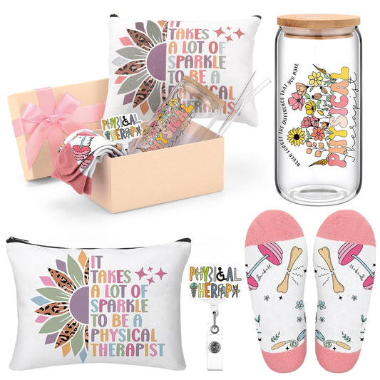 Skylety 5 Pcs Physical Therapy Gifts for Women 16 oz Glass Cup Socks Cosmetic Bag Badge Holder PT Appreciation Gift Box for Coworker Physical Therapist Gift Graduation Birthday