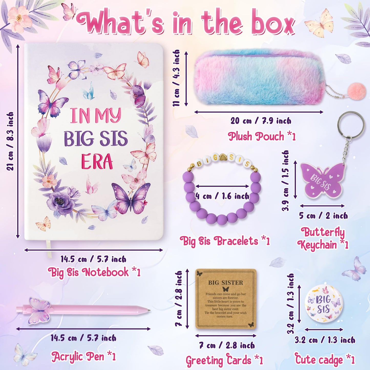 CY2SIDE Big Sister Gifts for Girls, 7PCS In My Big Sis Era Announcement Set Include Butterfly Notebook Pen Plush Pouch Keychain and Greeting Card, Charm Birthday Gifts for New Sibling Arrival Age 2-8