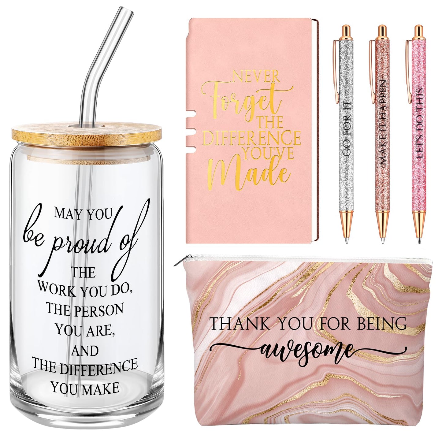 Funnymoom 6 Pcs CNA Week Gifts Bulk 2026 Nursing Assistant Appreciation Gifts for Women Difference Maker 17oz Glass Cup Makeup Bag Journal for Employee Coworker Graduation Favors(Marble,Pink)