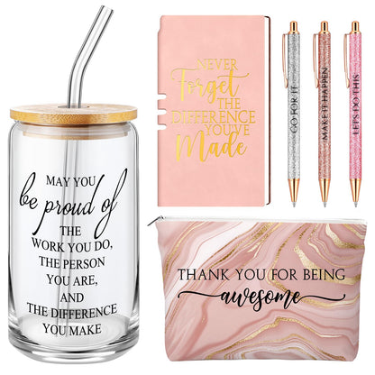 Funnymoom 6 Pcs CNA Week Gifts Bulk 2026 Nursing Assistant Appreciation Gifts for Women Difference Maker 17oz Glass Cup Makeup Bag Journal for Employee Coworker Graduation Favors(Marble,Pink)