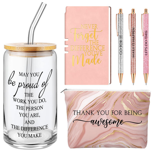 Funnymoom 6 Pcs CNA Week Gifts Bulk 2026 Nursing Assistant Appreciation Gifts for Women Difference Maker 17oz Glass Cup Makeup Bag Journal for Employee Coworker Graduation Favors(Marble,Pink)