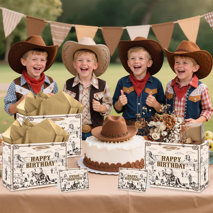 Innovoscape Cowboy Birthday Gift Bag for Boys Men Western Rodeo Happy Birthday Gift Bag with Wrapping Paper Card Large Wild West Horse Gifts Bag for Cowboy Bday Decorations Party Favors Supplies
