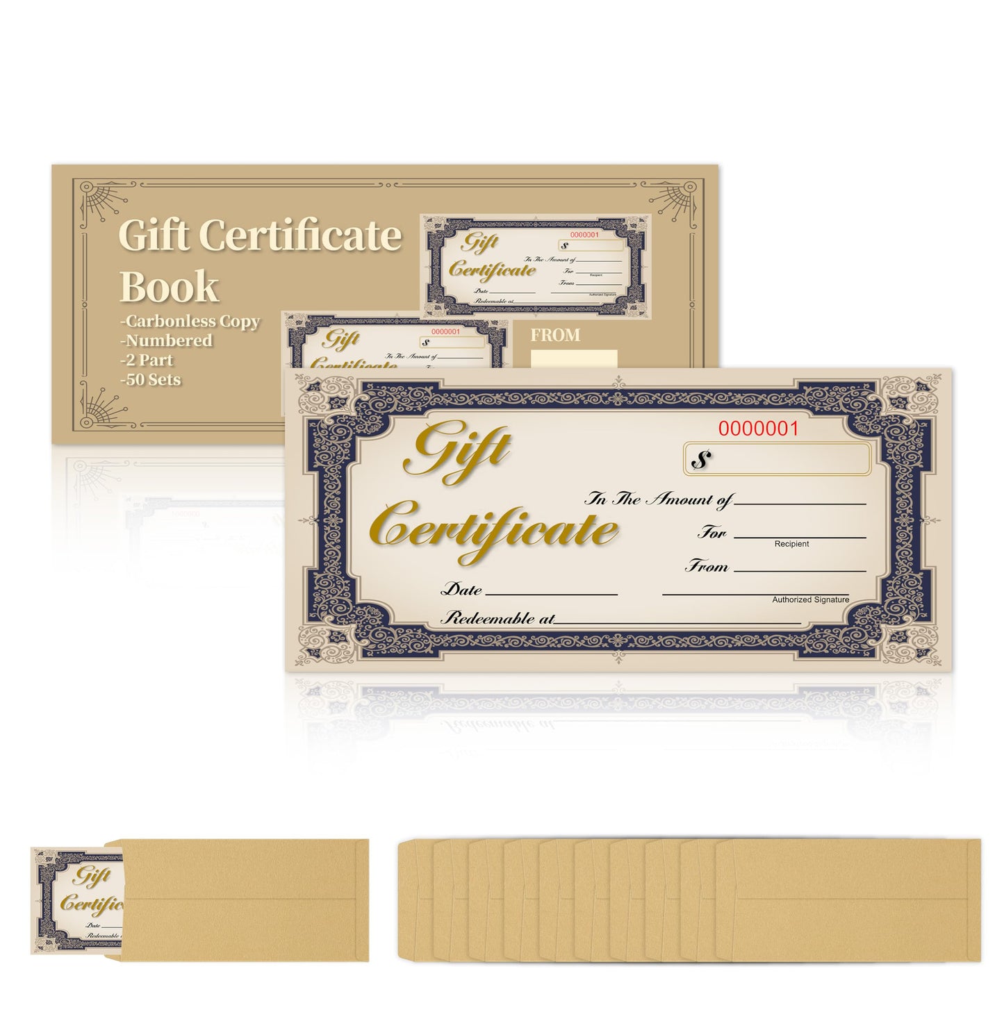 50 Sets Gift Certificate Book 8 x 3.6 Inch Vintage 2 Part Carbonless Duplicate with Kraft Envelopes and Serial Numbers for Small Business Salon Spa Retail Restaurant Office (1)