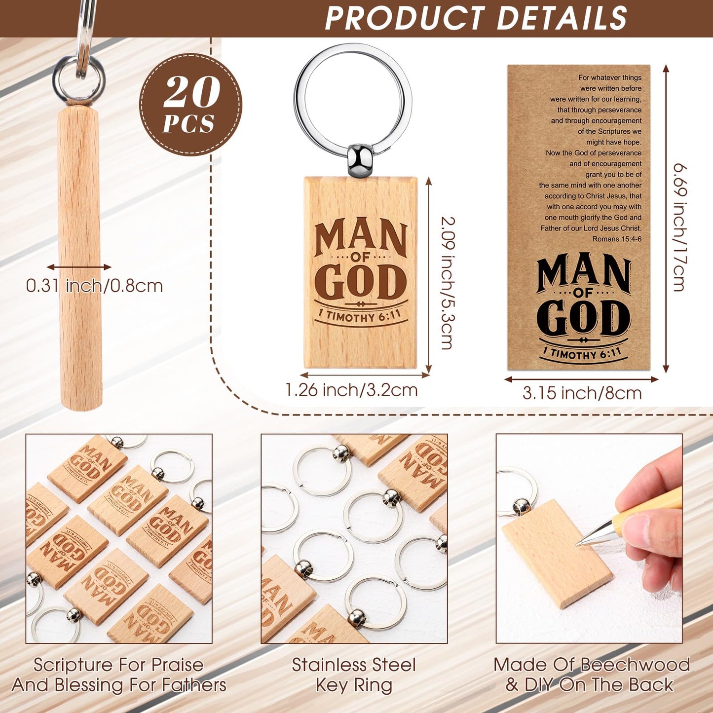 Chiisong Christian Gift Set for Men, Man of God Keychain Bamboo Pen Scripture Card for Father's Day Teacher Religious Church