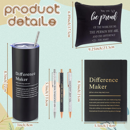 Geiserailie 6 Pcs Difference Maker Gift Employee Appreciation Thank You Gift for Women Teacher Nurse 20 oz Tumbler Leather Journal Ballpoint Pens Makeup Bag for Graduation(Black)