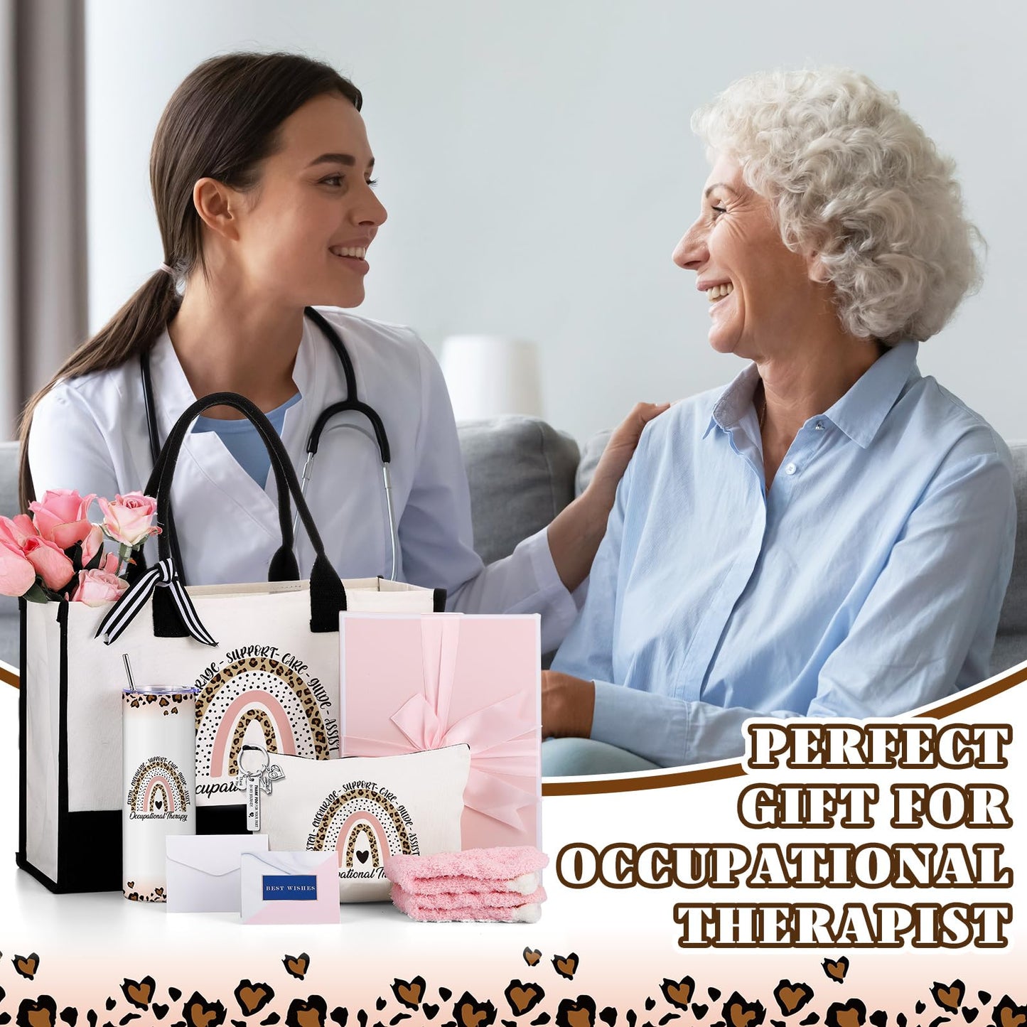 Geiserailie 8 Pcs Occupational Therapist Gifts for Women 2026 Including Large Tote Bag Cosmetic Bags Tumbler Cup Plush Socks Metal Keychain Card and Envelope for National Ot Month Appreciation Gifts