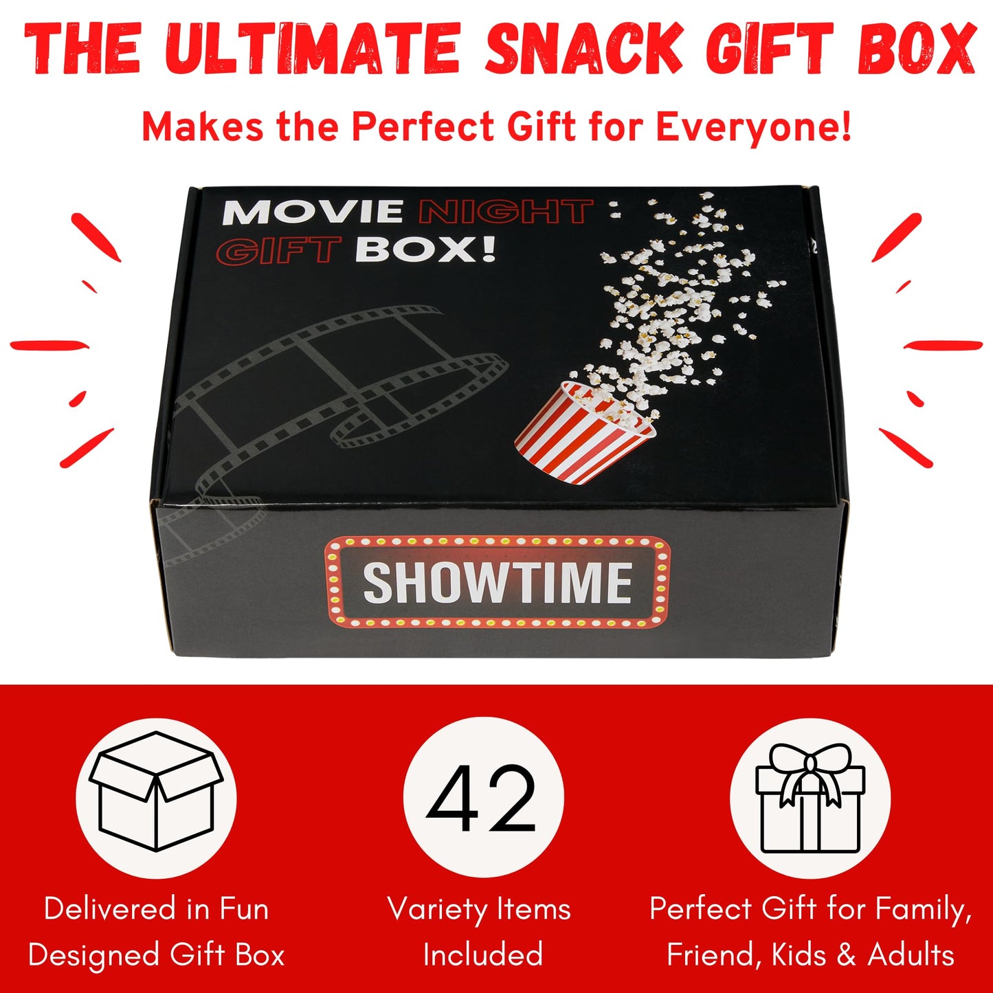 Movie Night Gift Basket – 42-Piece Gift Box with Popcorn, Candy, Snacks & Bingo – Birthdays, Date Night, Family, Kids, Adults, Mom, Dad, Teens, Christmas, Mothers Day, Fathers Day, Raffle & Fundraiser