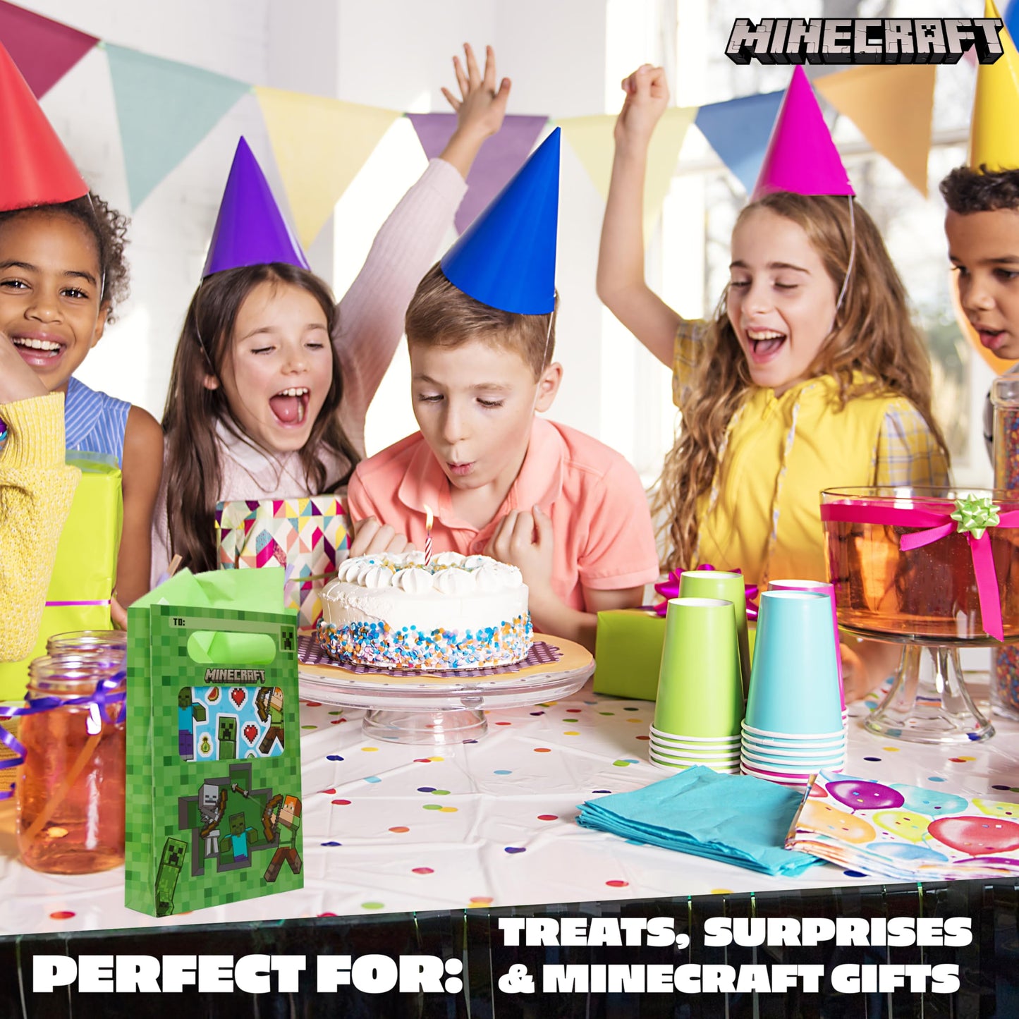 Minecraft Gift Bags for Kids with Sticker Sheets, 10 Pack Small Paper Party Favor Goodie Bags with Handles, Creeper Treat for Kids, Boys & Girls Birthday Party Decoration Supplies