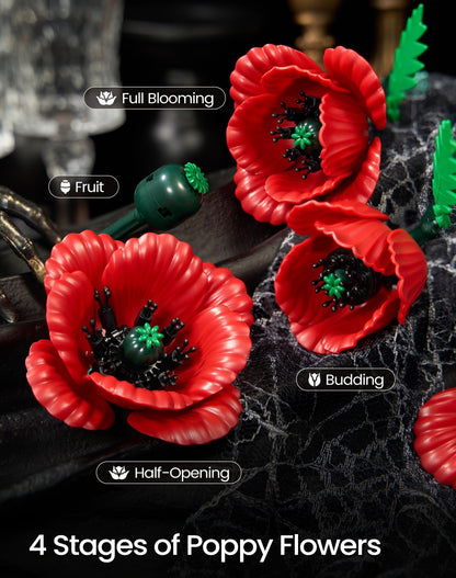 iATOM Red Poppy Flower Bouquet Building Set, 12Pcs Artificial Botanical Collection for Adults - Gift for Mother's Day for Her/Mom/Girlfriend/Wife/Couple, Home Table Centerpiece Decor Aesthetic