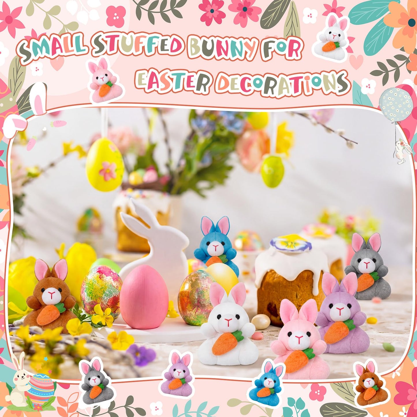 Blueweenly 24 Pcs Easter Bunny Plush Bulk Mini Bunnies Stuffed Animals Small Plush Rabbit Mini Keychains Easter Basket Stuffers Spring Egg Gifts for Prizes Goodie Bag Fillers Party Favors