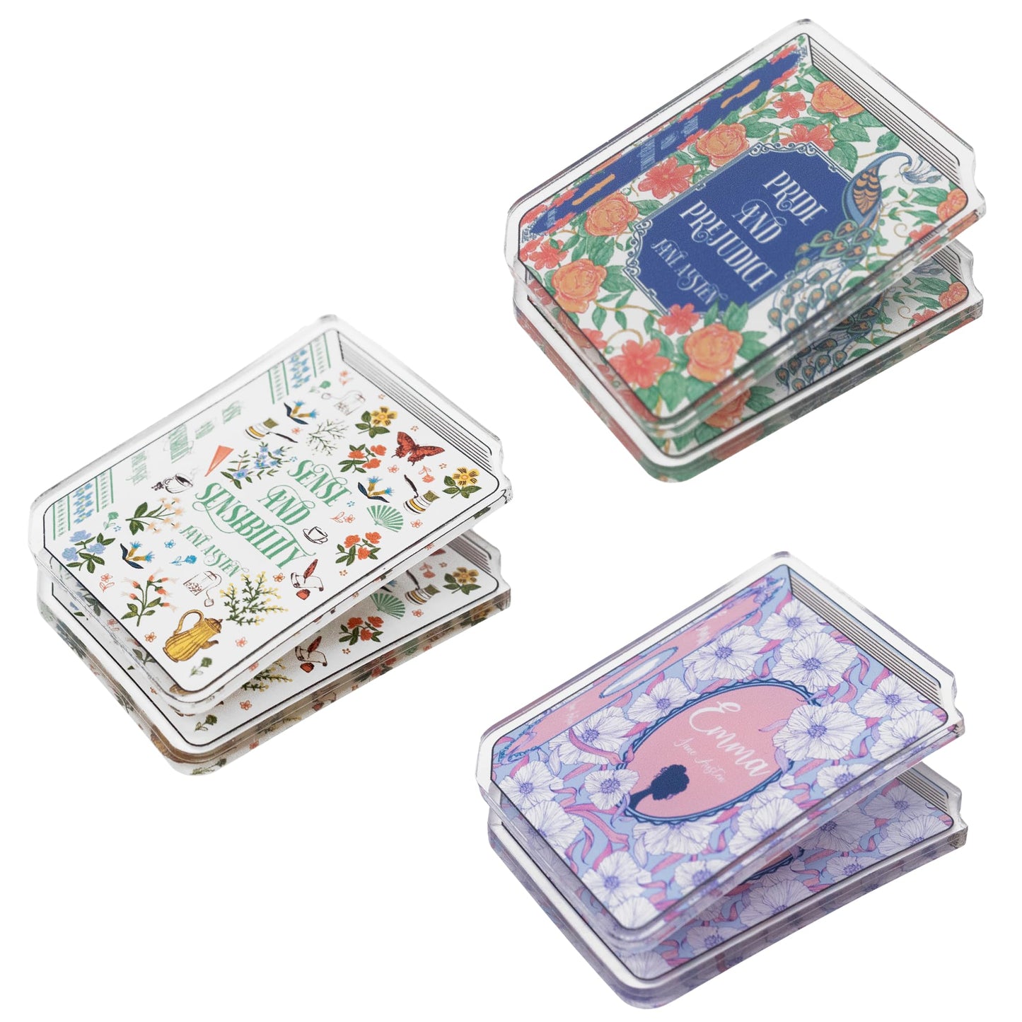 Steel Mill & Co Jane Austen Acrylic Document Clip Set of 3, Book Theme Organization Clips for Journaling, Gifts, Desk and Office Functional Decor (Pride & Prejudice, Sense & Sensibility, and Emma)