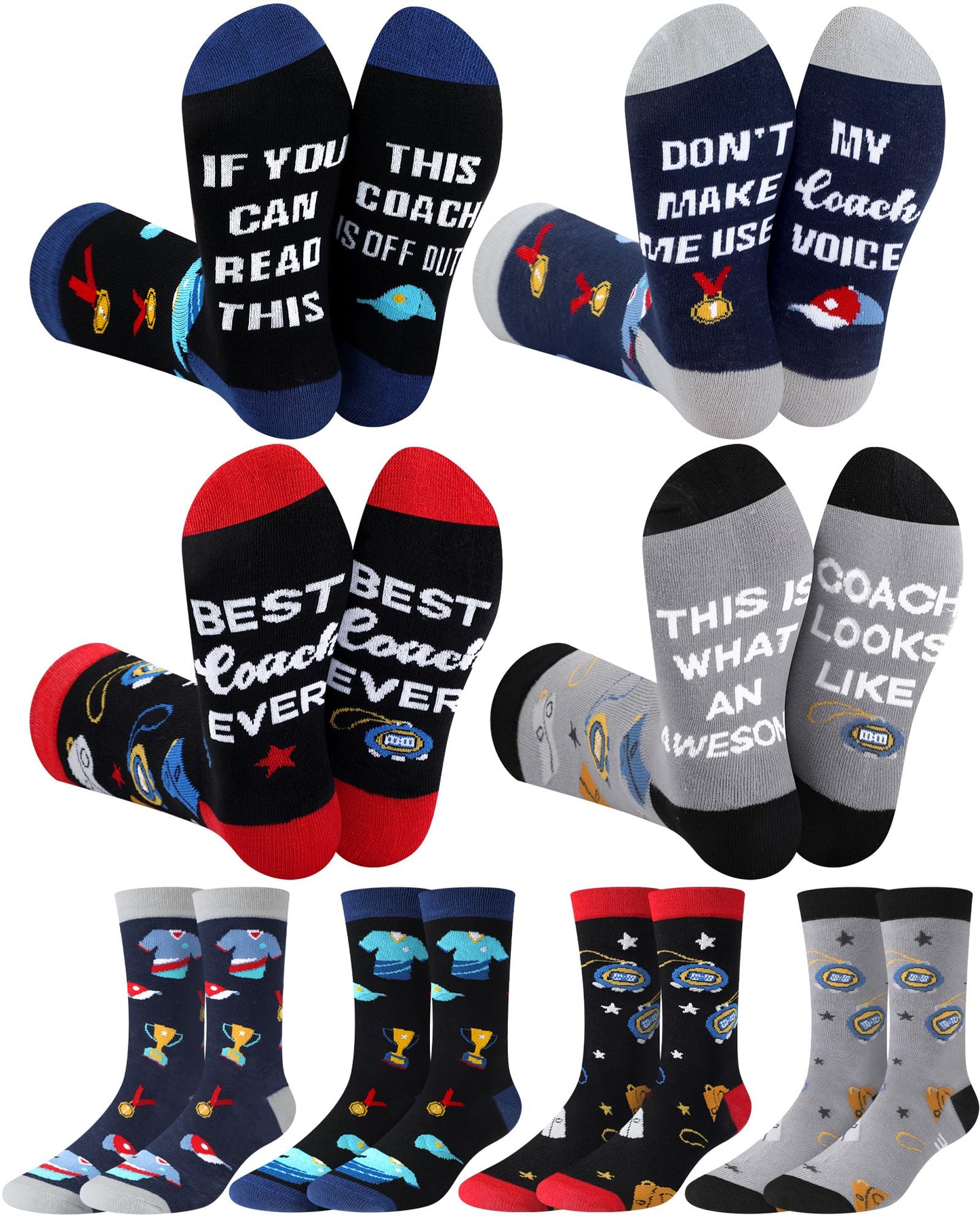 Ramede 4 Pairs Best Coach Socks for Men Funny Casual Cotton Crew Socks Coach Appreciation Gifts for Sports Coaches, Senior Night Team Party Favors
