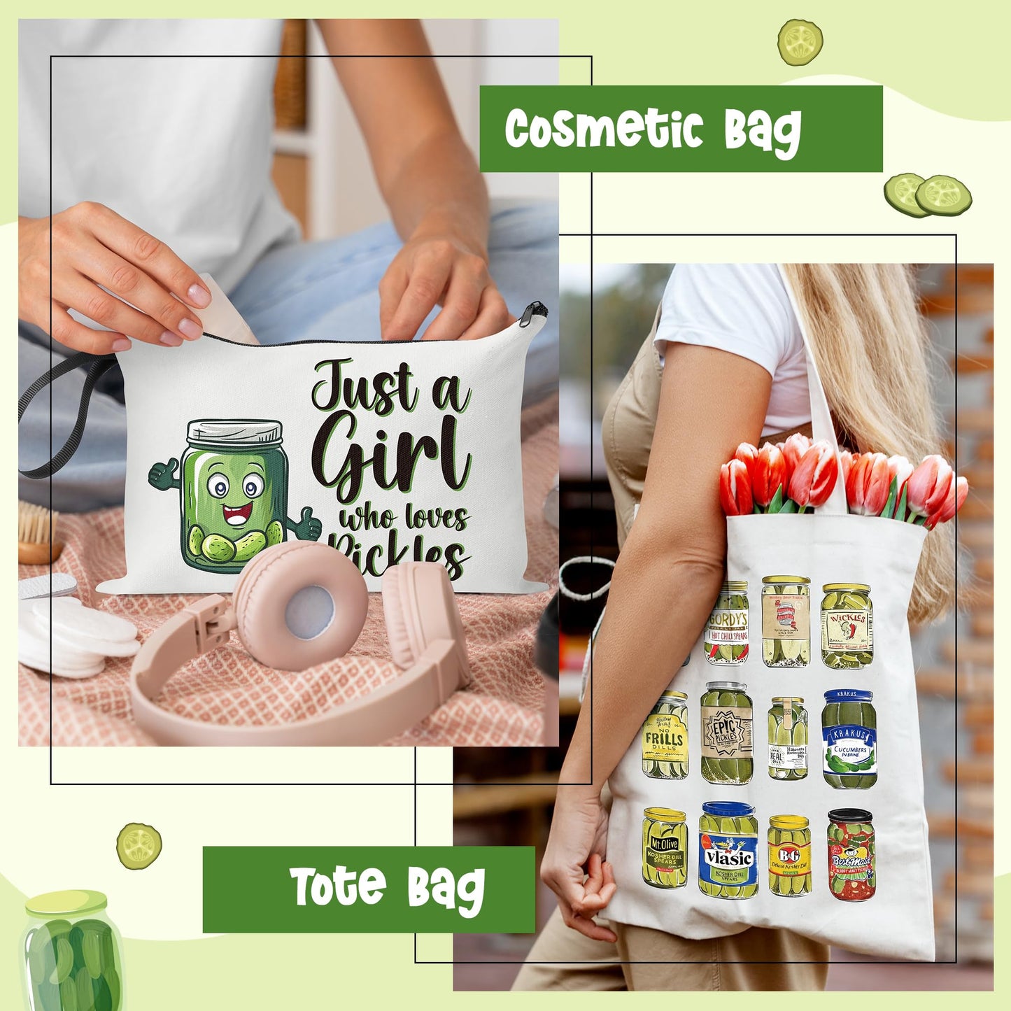 laffact Pickle Jar Tote Bag - Canned Pickles Canvas Handbag Gift Alphabet Merchandise Cotton Shoulder Tote Bag Makeup Bag for Shopping Gym Women Pickled Food Enthusiasts Lover Birthday Christmas