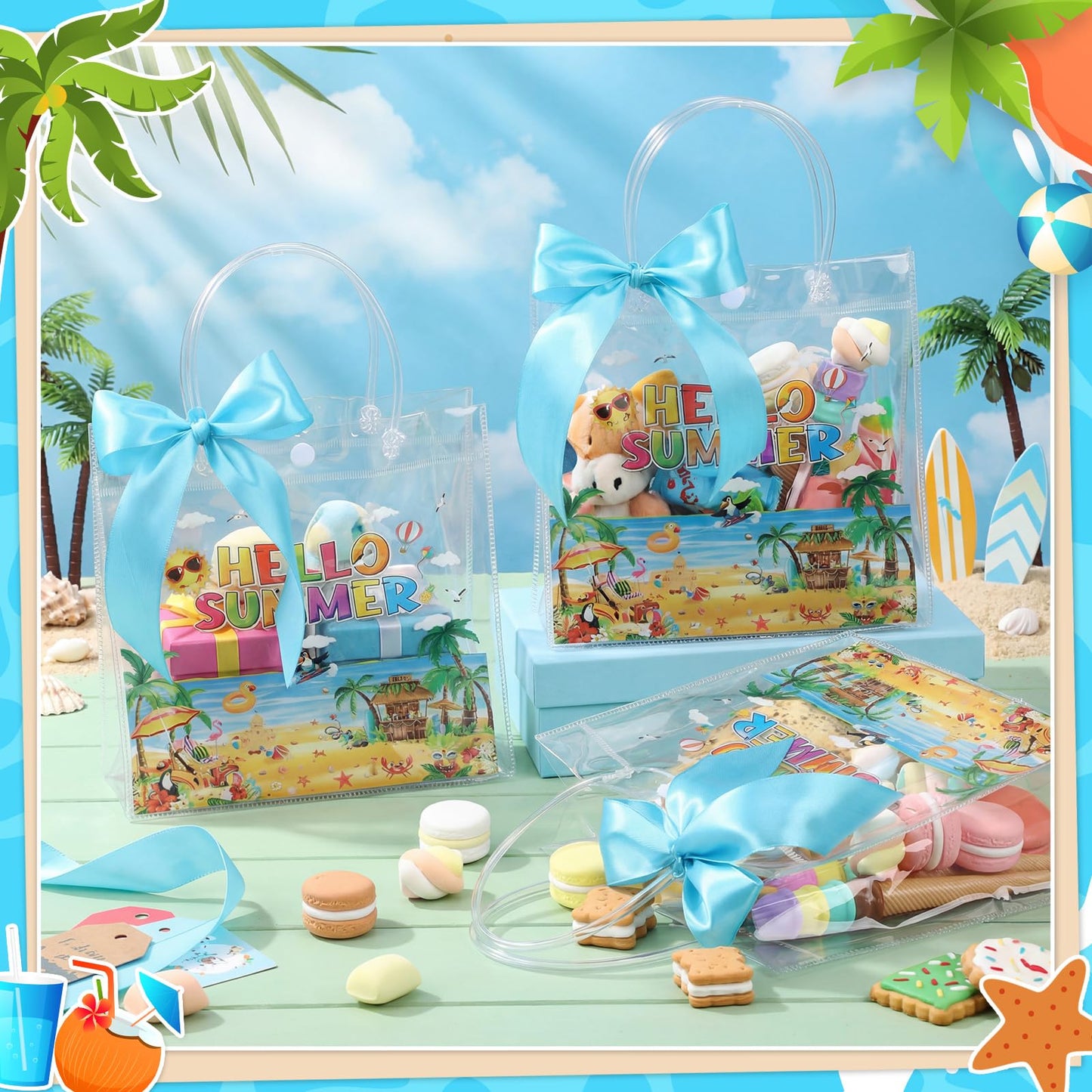 Tatuo 24 Pcs Hello Summer Gift Bags 7.9 x 3.2 x 7.9 Clear PVC Beach Bag with Handles Ribbon Bows Waterproof Goodie Candy Treat Tote for Summer Pool Beach Tropical Birthday Party Favors Supplies