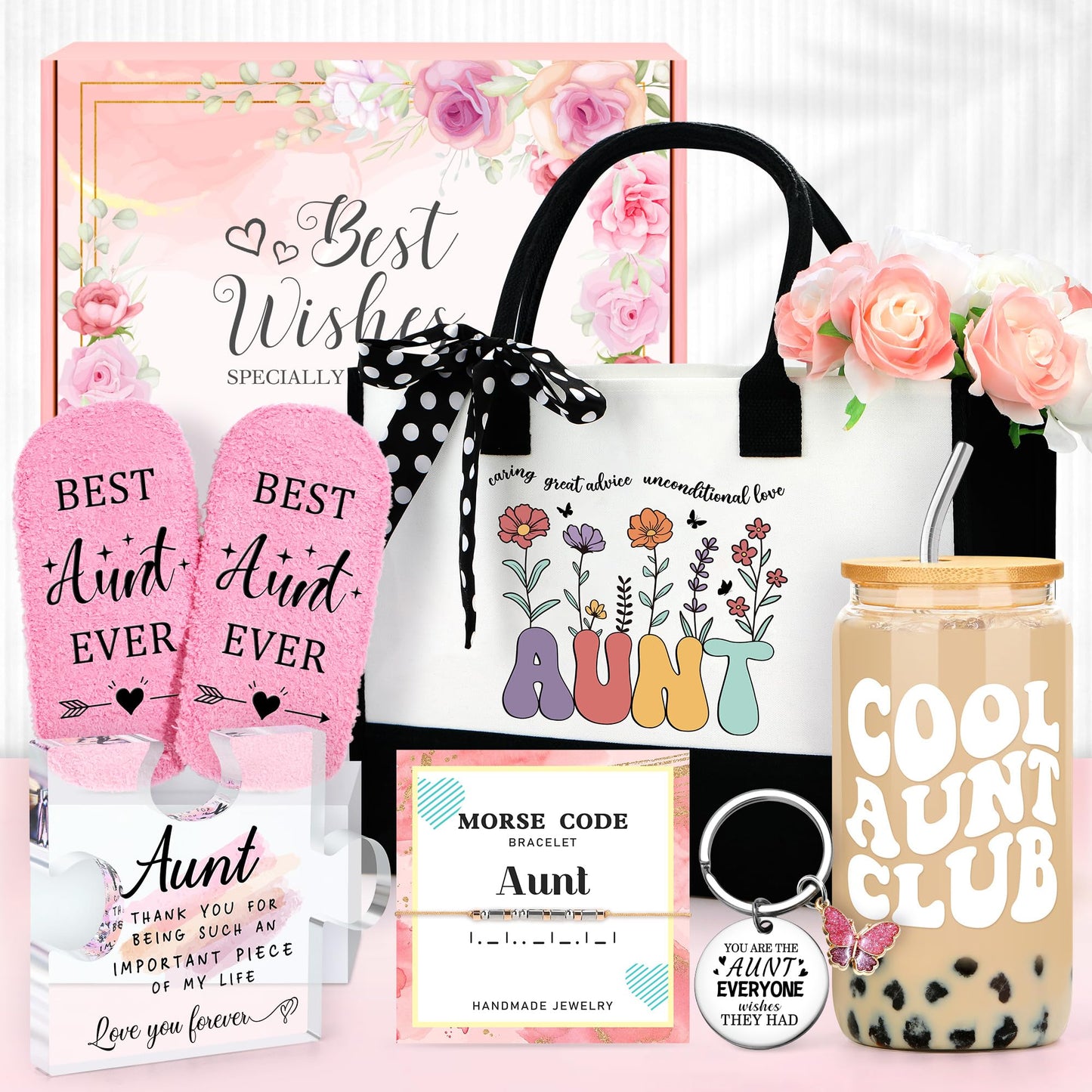 Saineron Aunt Gifts for Women Best Auntie Gift Ideas Cool Aunt Birthday Gifts for Aunts from Niece Auntie Birthday Gift Presents for Aunts Bracelet Keychain Cup Socks Tote Bag Acrylic Puzzle