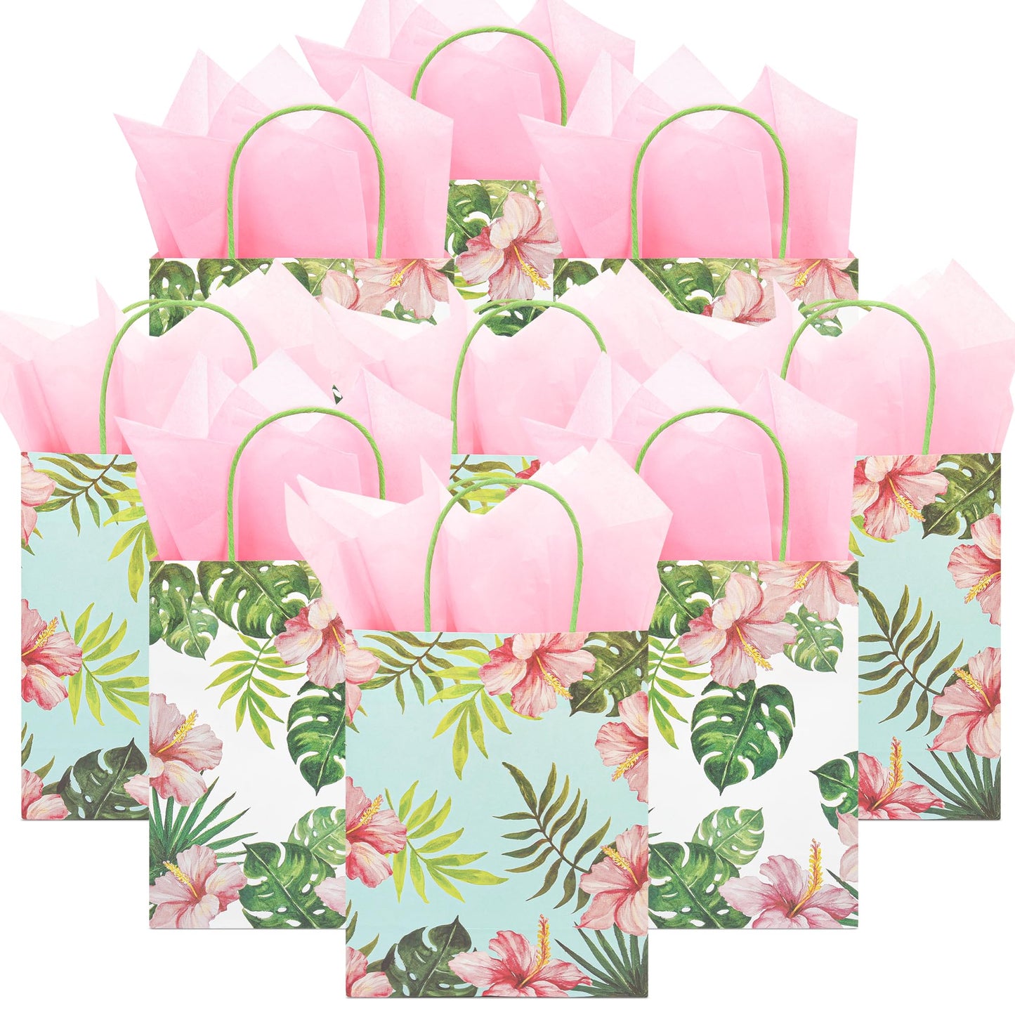 36 Pack Medium Hawaiian Tropical Themed Gift Bags with Handles and 36 Pink Tissue Paper for Luau Parties, Birthdays, Weddings, Bridal Showers, Boutiques (10x8x4 Inch, 2 Designs Assorted)