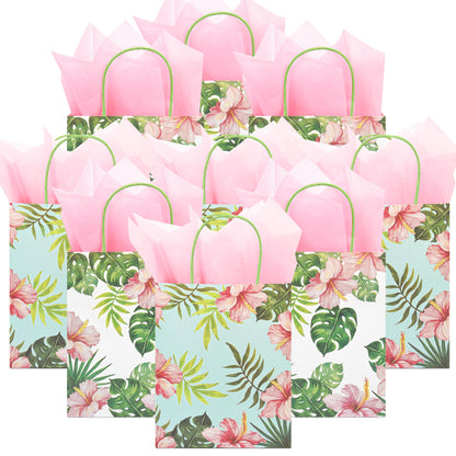 36 Pack Medium Hawaiian Tropical Themed Gift Bags with Handles and 36 Pink Tissue Paper for Luau Parties, Birthdays, Weddings, Bridal Showers, Boutiques (10x8x4 Inch, 2 Designs Assorted)
