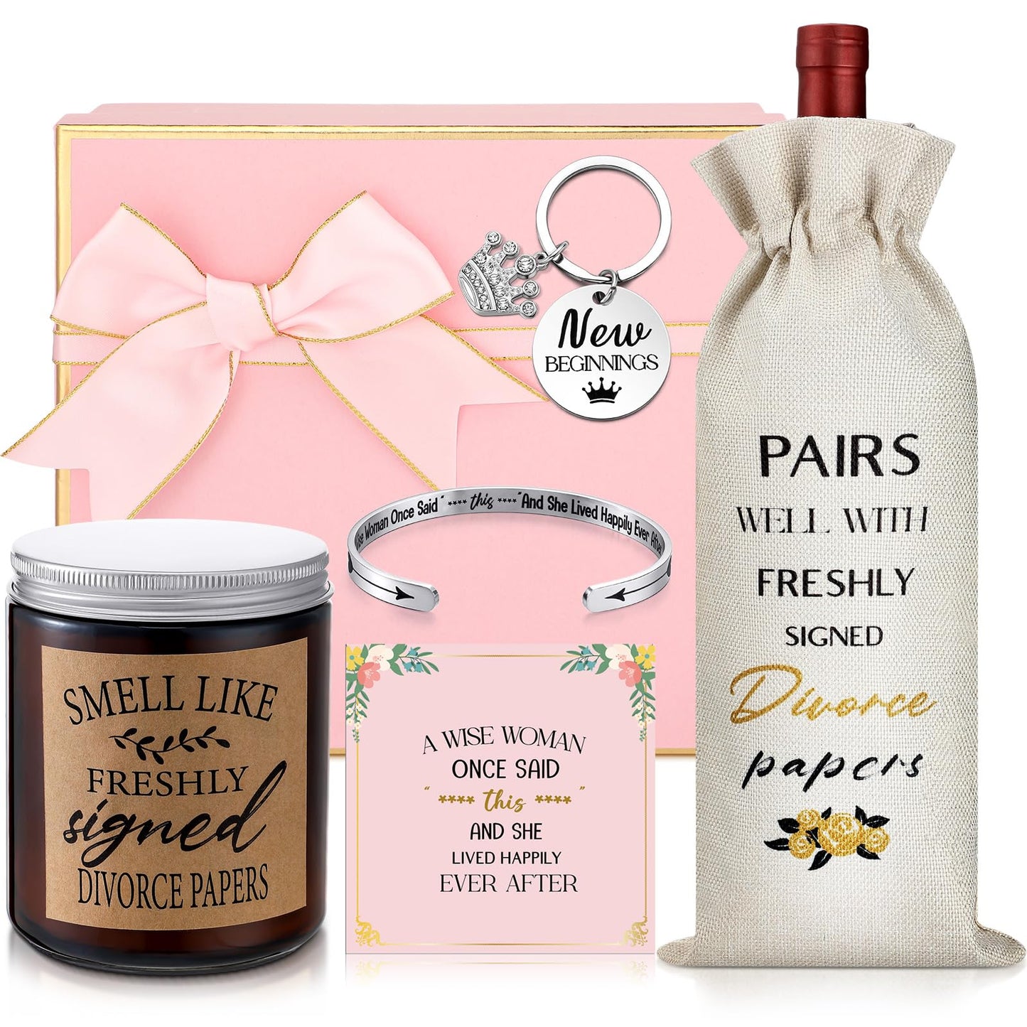 Quelay 7 Pcs Divorce Gifts Box for Women Divorce Party Gifts Breakup Candles New Beginnings Keychain Wine Bag Bracelet for Newly Divorced Woman