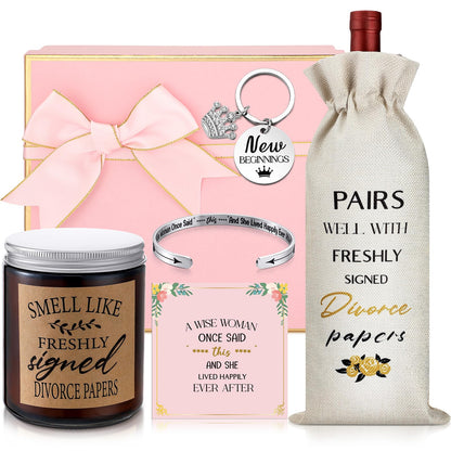 Quelay 7 Pcs Divorce Gifts Box for Women Divorce Party Gifts Breakup Candles New Beginnings Keychain Wine Bag Bracelet for Newly Divorced Woman