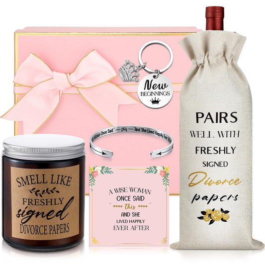 Quelay 7 Pcs Divorce Gifts Box for Women Divorce Party Gifts Breakup Candles New Beginnings Keychain Wine Bag Bracelet for Newly Divorced Woman