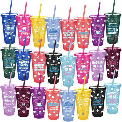 Meanplan 24 Pcs Dental Assistant Week Gifts Bulk 24 oz Plastic Teeth Tumbler with Lids and Straws Thank You Cups Travel Mugs Inspirational Dental Assistant Appreciation Gifts for Dentist Party Favors