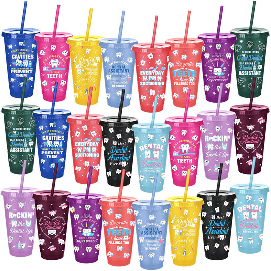 Meanplan 24 Pcs Dental Assistant Week Gifts Bulk 24 oz Plastic Teeth Tumbler with Lids and Straws Thank You Cups Travel Mugs Inspirational Dental Assistant Appreciation Gifts for Dentist Party Favors