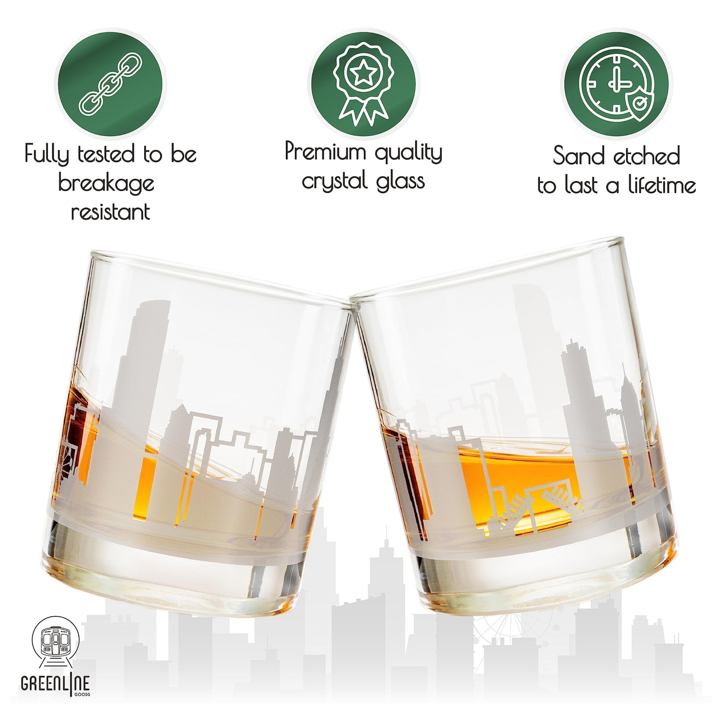 Greenline Goods Skyline Etched Chicago Whiskey Glasses Gift (Set of 2) | Old Fashioned Tumbler – For Chicago Lovers - Windy City Accessories and Souvenirs - Illinois Glassware Decor