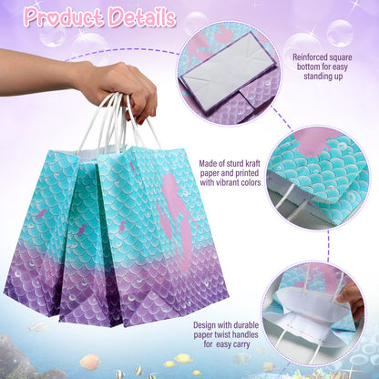 Jectivs 16 Piece Mermaid Birthday Party Favor Bags - Kraft Paper Gift Bags with Handles for Kids' Little Mermaid Themed Baby Shower Party Supplies